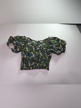 Urban Revivo Floral Smocked Crop Top Puff Sleeve Cottagecore Blouse XS